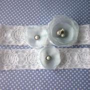 Bridal Garter Set (including toss garter) - Simply Flowers - White & LIght Blue