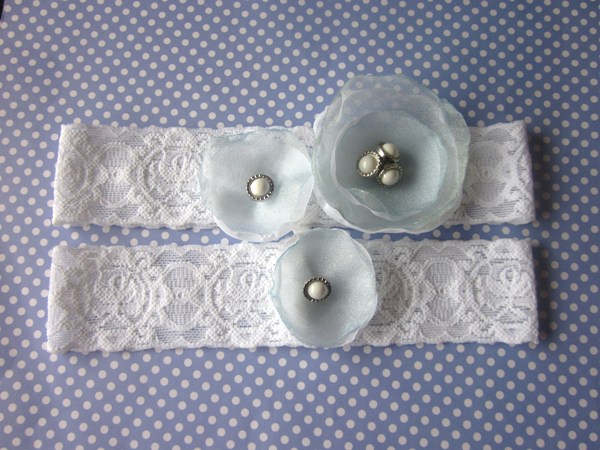 Bridal Garter Set (including Toss Garter) - Simply Flowers - White & Light Blue